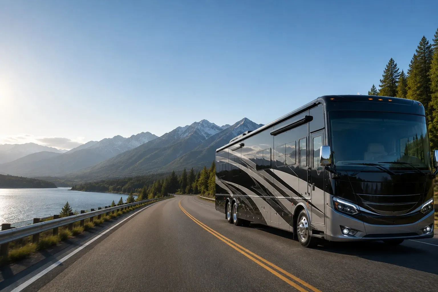 Emergency RV Repair motorhome driving along a mountain highway