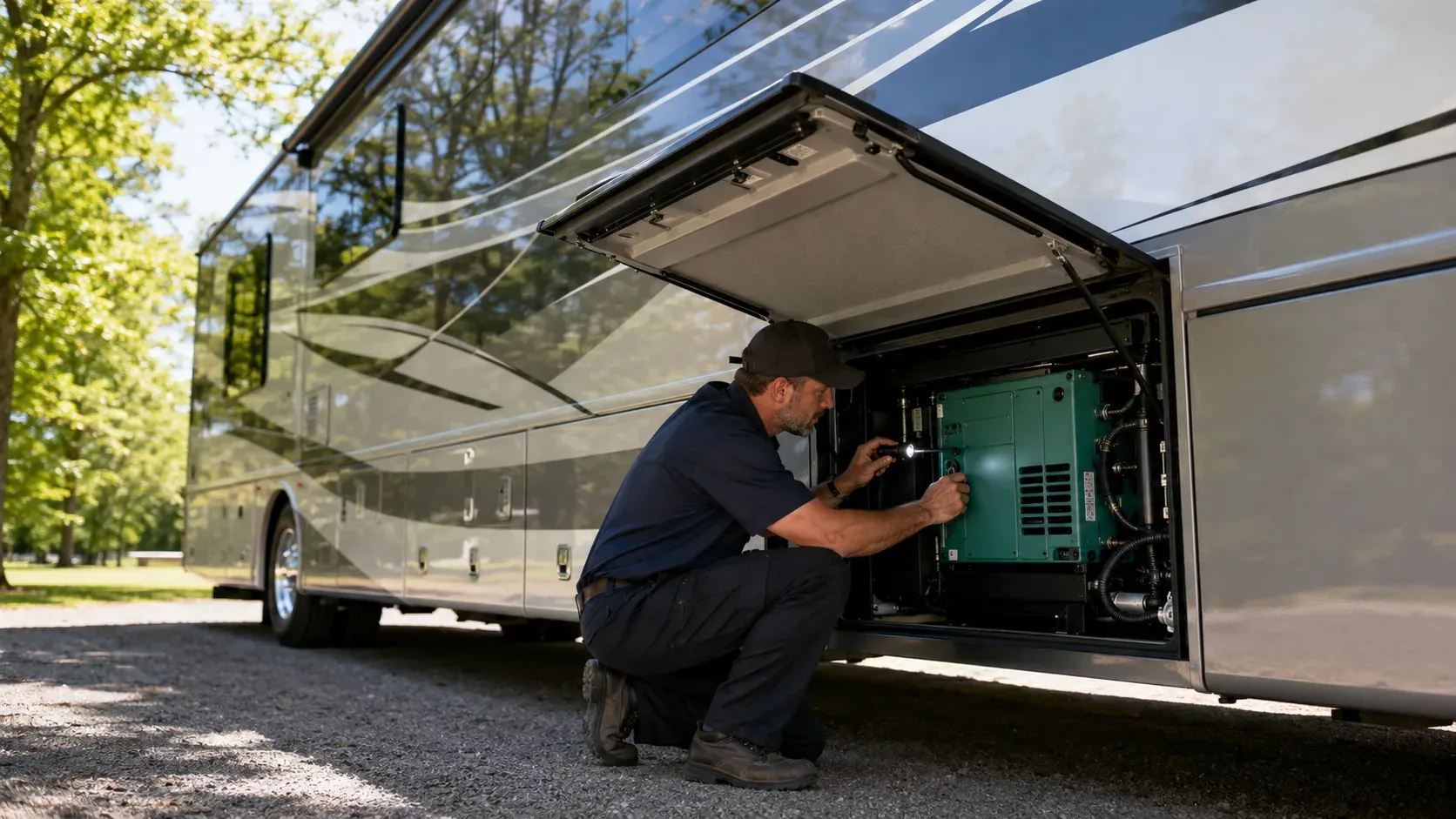Technician servicing the onboard generator of a motorhome during annual maintenance