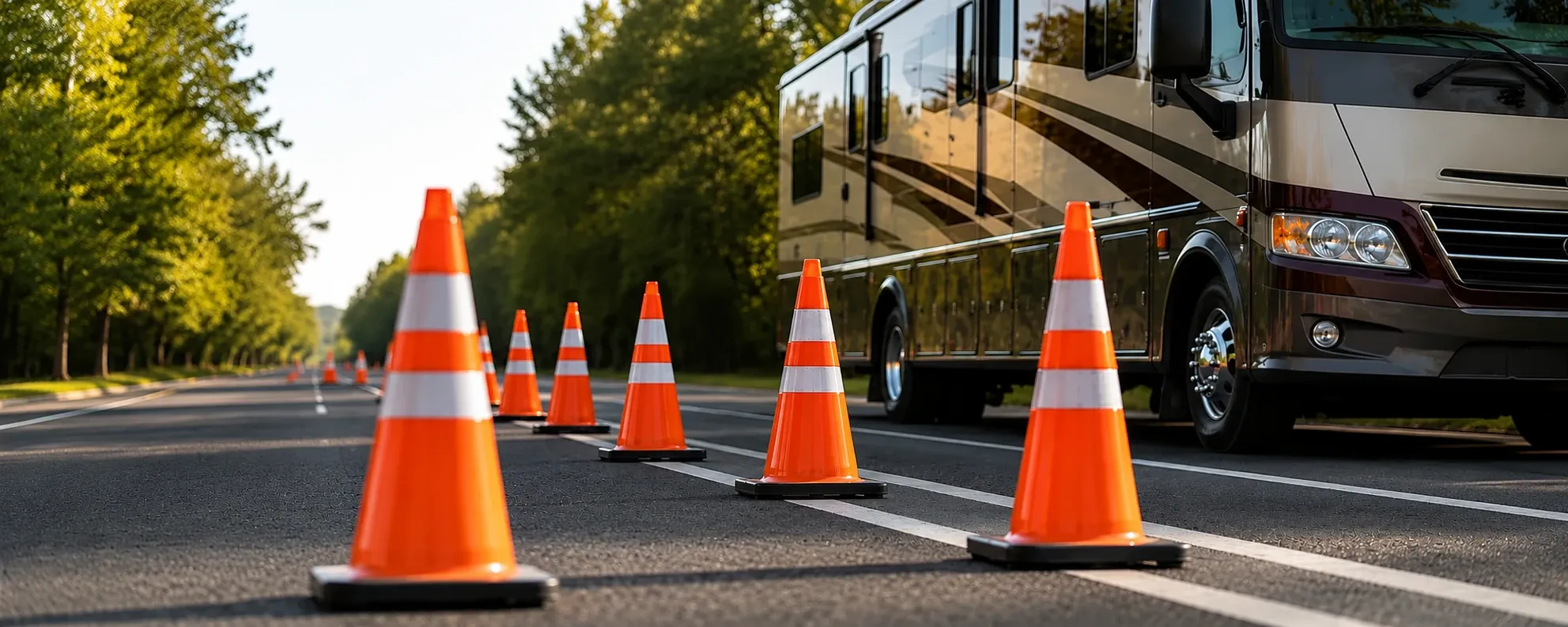 Roadside technician setting out safety cones beside an RV
