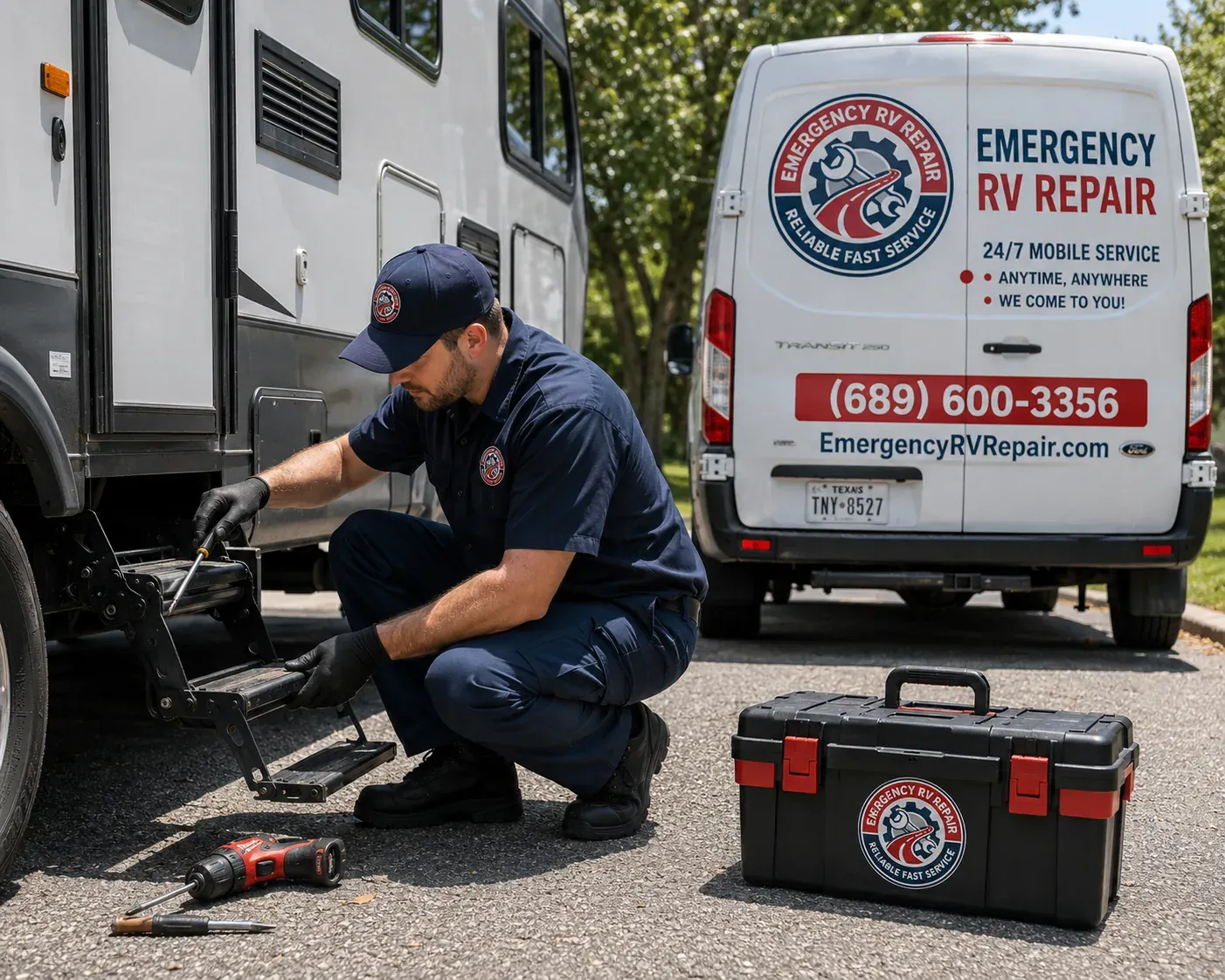 Emergency RV Repair technician servicing a motorhome step beside a branded service van