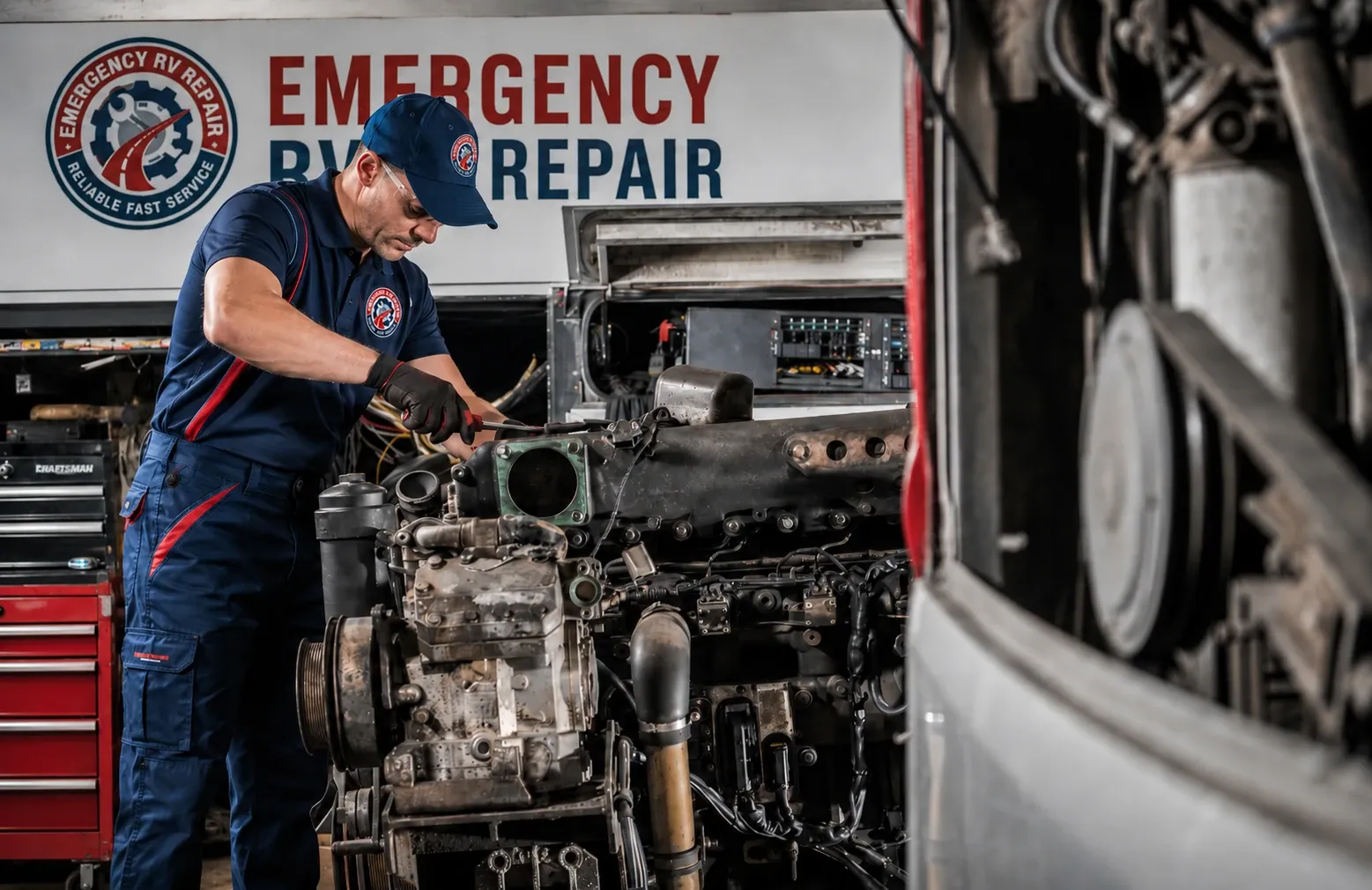 Emergency RV Repair diesel technician servicing a large engine in the service bay