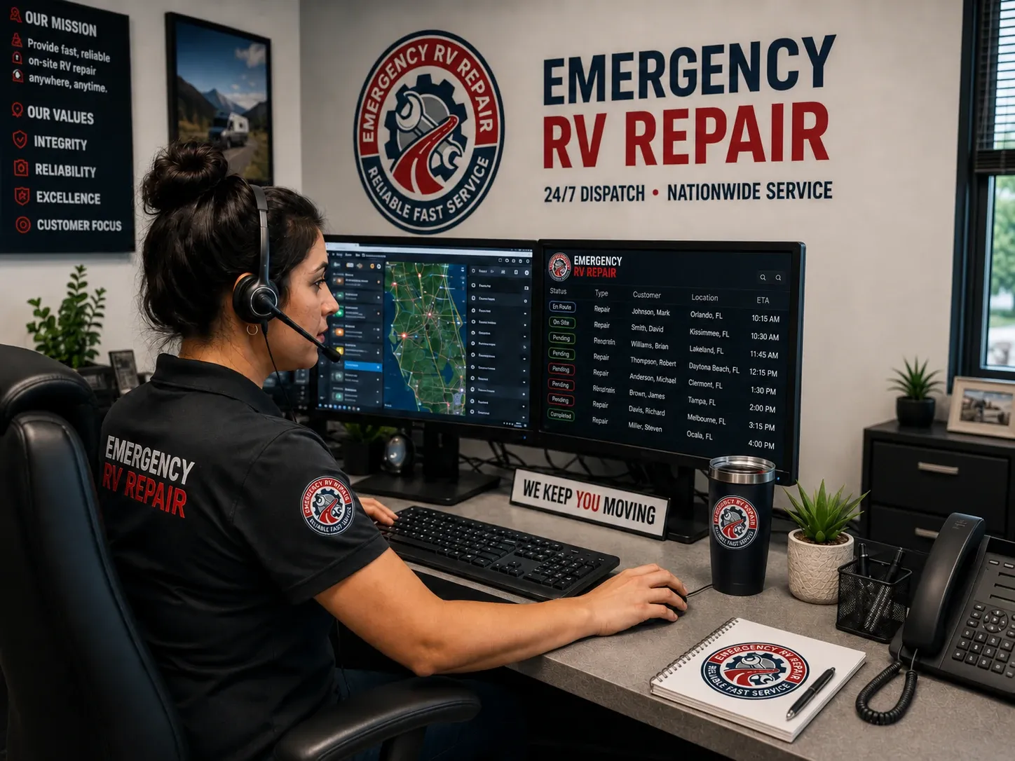 Emergency RV Repair dispatch team coordinating technicians at a live nationwide dispatch center