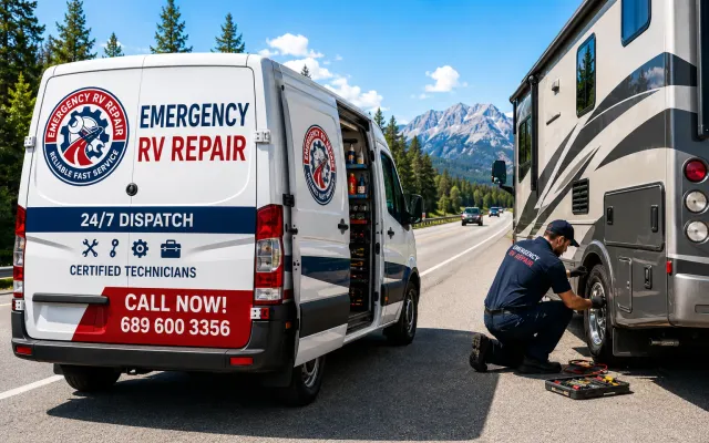 Emergency RV Repair technician repairing a motorhome at the roadside beside a branded service van