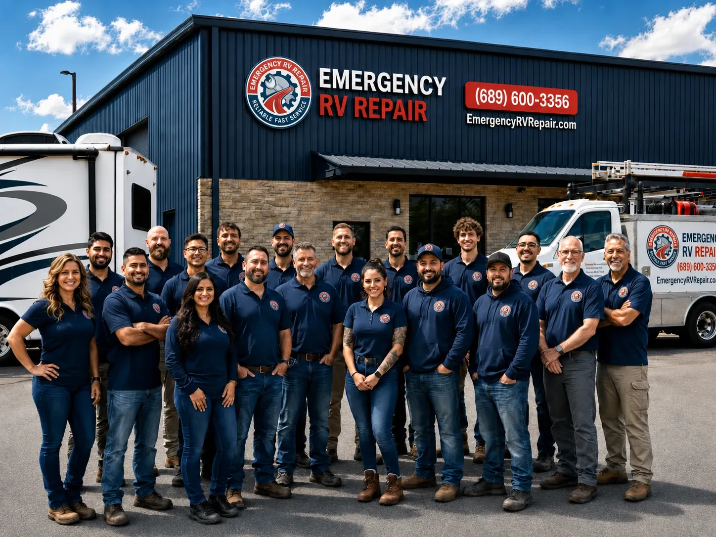 The Emergency RV Repair team outside their service center with an RV and branded service van