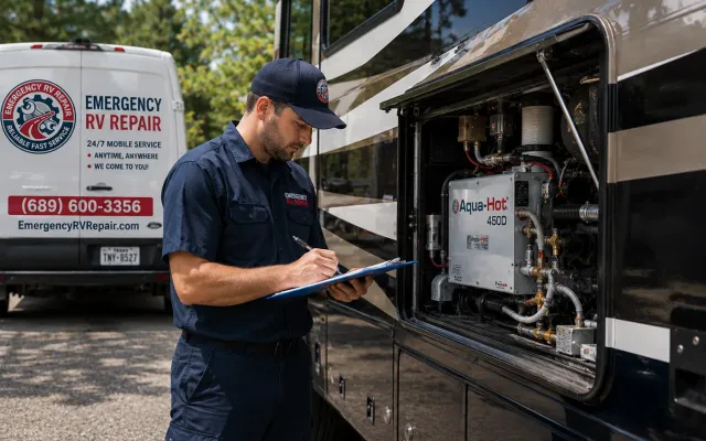 Certified technician inspecting an RV heating system during scheduled maintenance