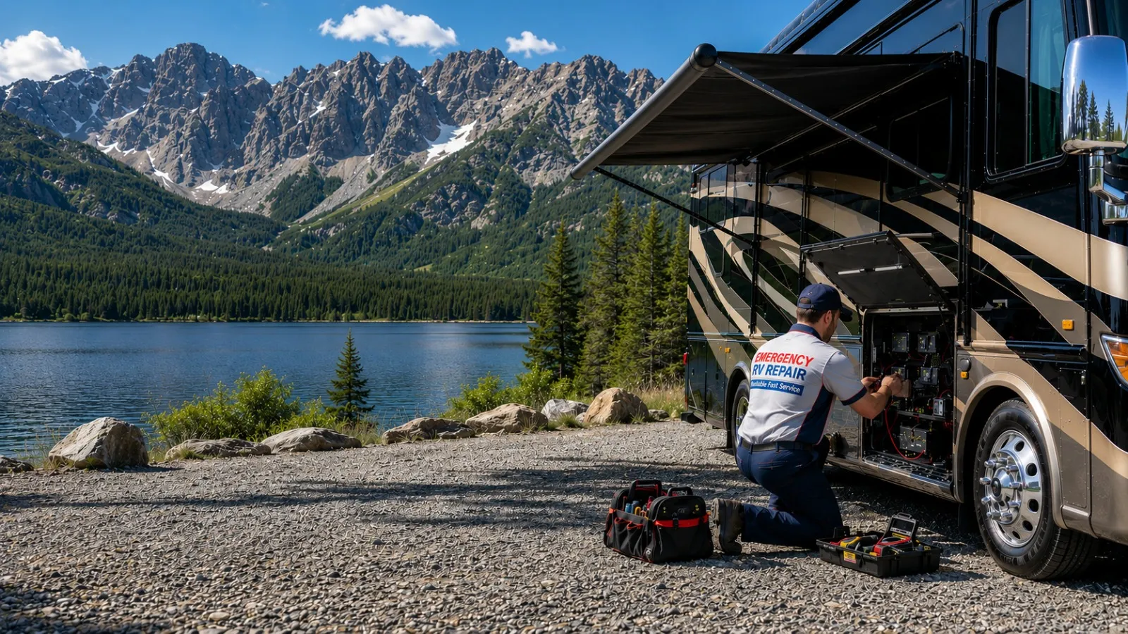 Emergency RV Repair technician servicing a motorhome at a mountain campsite