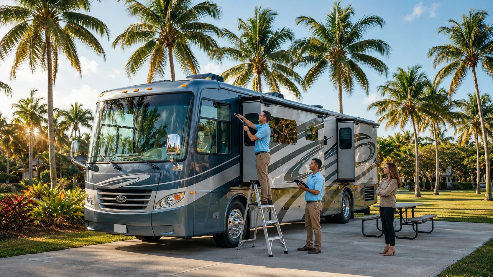 Emergency RV Repair technicians servicing a motorhome on-site in a palm-lined driveway while the owner looks on