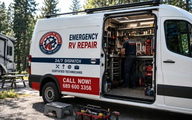 Fully stocked Emergency RV Repair mobile service van at a campground
