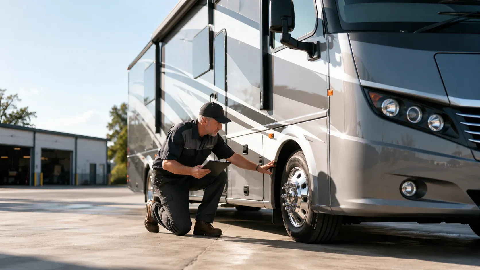 Technician kneeling to inspect the front tire of a motorhome before a trip