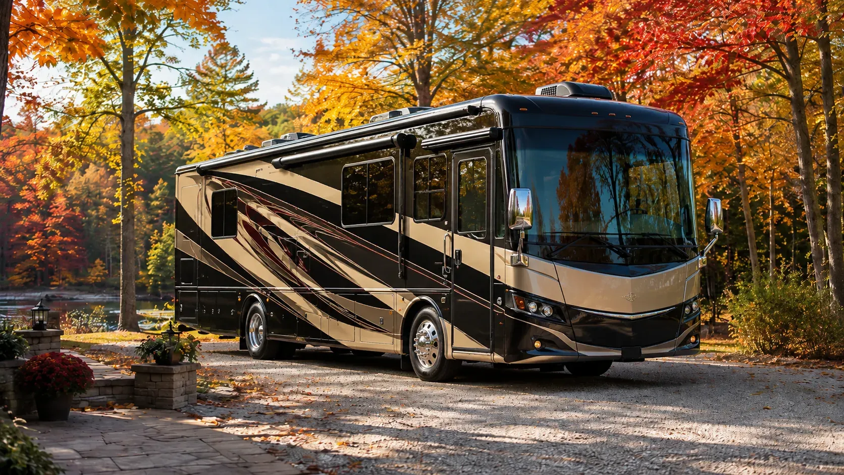 Motorhome parked among autumn foliage at the change of season