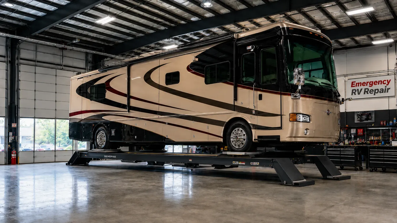 Motorhome raised on lifts in a service bay for repair