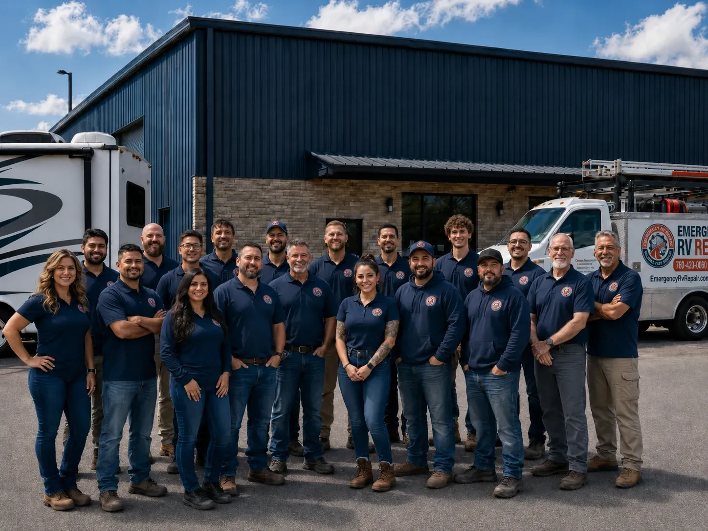 The Emergency RV Repair team of certified technicians outside their service center